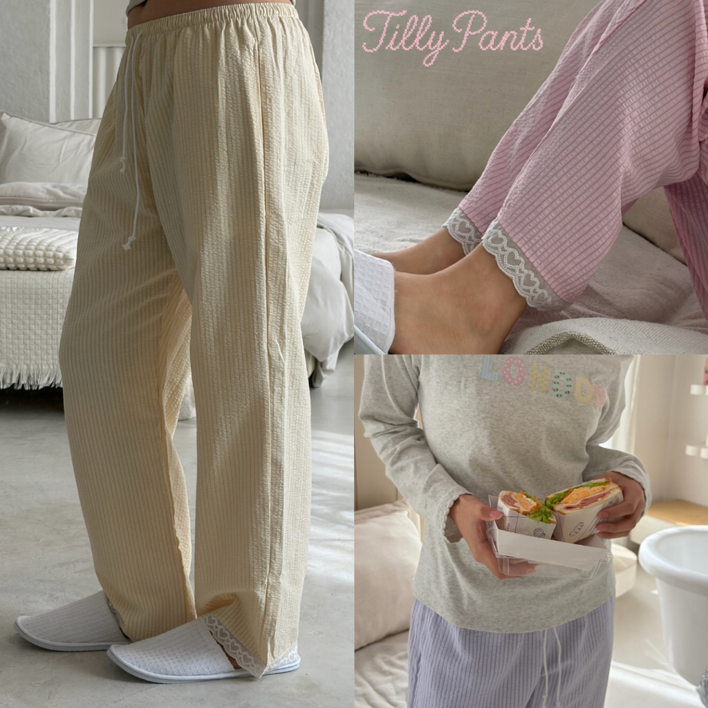 Dopey.Puffy / Tilly Pants กางเกงขายาวผ้าร่องคอต 100 ชายกางเกงเป็นลูกไม้มีเชือกในตัว
