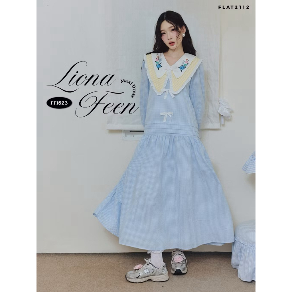 FLAT2112 : (NEW) S LIONA FEEN MAXI DRESS เดรสยาวลายตารางสีฟ้า เดรสคอบัวปักดอก เดรสแขนยาว เดรสลายตารา