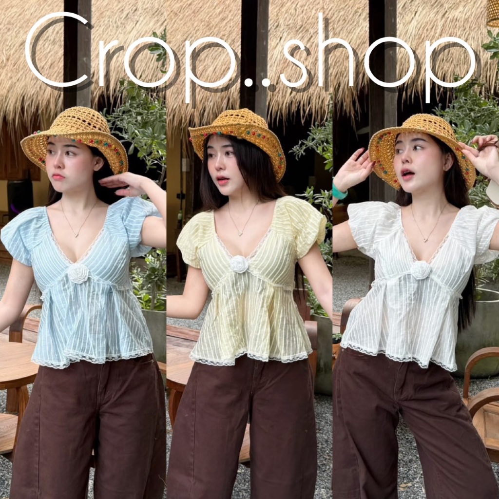 crop..shop เสื้อเเขนตุ๊กตา งานน่ารัก สวยคุณหนู มีดอกไม้ช่วงอก สวยใสสุดๆ ดูดีมาก