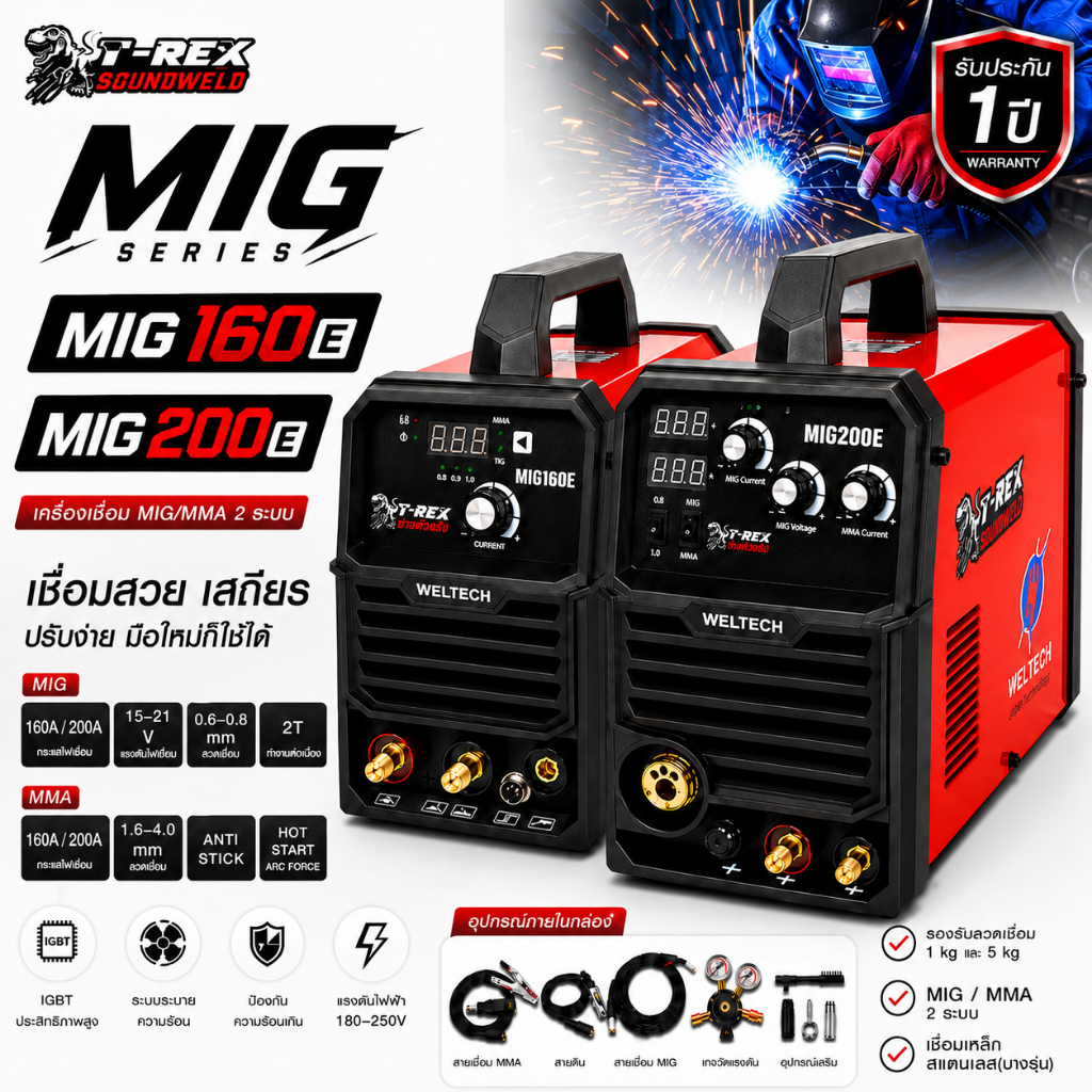 WELTECH T-REX ตู้เชื่อม 2ระบบ MIG160E MIG200E ระบบ MIG+MMA
