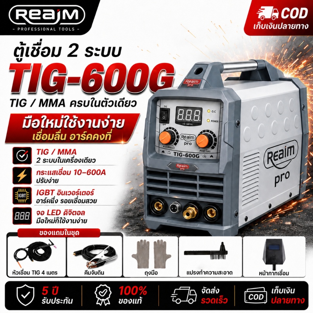 REAIM ตู้เชื่อมไฟฟ้า TIG-600G ตู้เชื่อม TIG/MMA 2 ระบบ เครื่องเชื่อม แถมปืนเชื่อม TIG 4 ม. ฟรี! ด่วน!