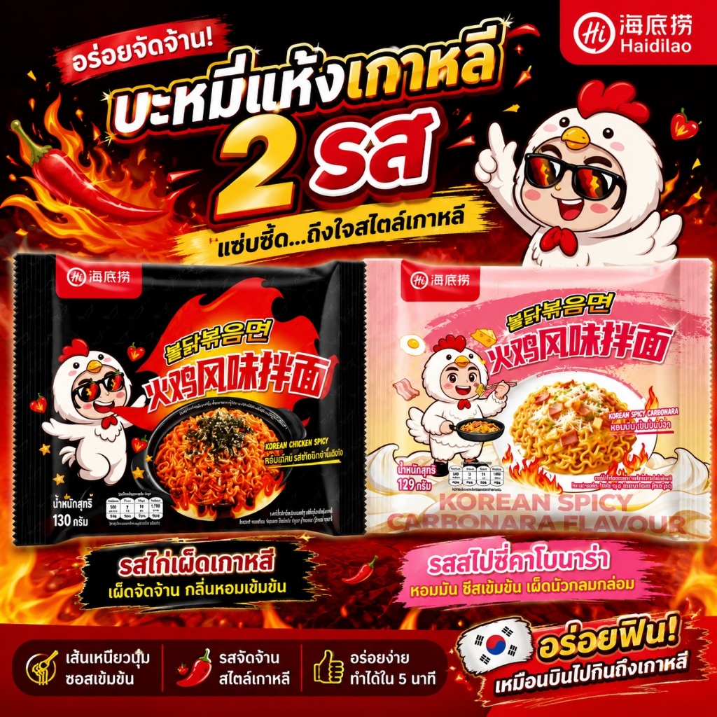 New!! Haidilao บะหมี่แห้งรสสไปซี่คาโบนาร่าสไตล์เกาหลี และบะหมี่แห้งรสไก่เผ็ดเกาหลี