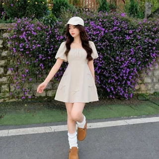 【S-5XL】 มินิเดรส เดรสสั้น สีพาสเทล แขนพองตุ๊กตา แต่งโบว์สไตล์เกาหลี น่ารัก เดรสพลัสไซซ์ เดรสออกงาน