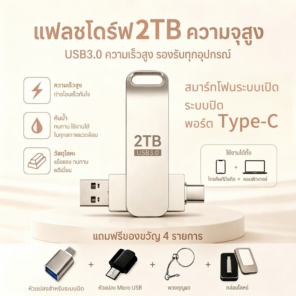 แฟลชไดร์ฟ 2TB ความจุสูง USB 3.0 Type-C OTG ใช้งานกับมือถือ P