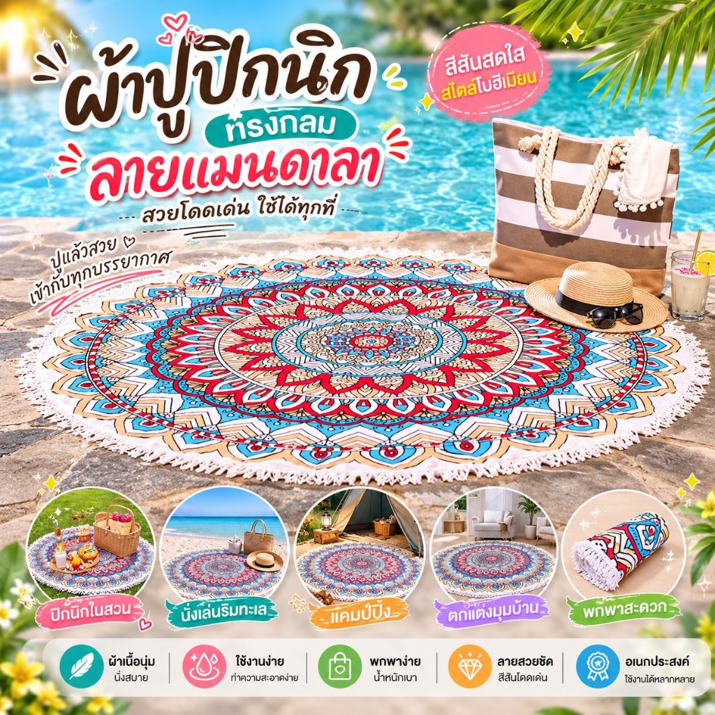 ALL U CAN BUY ผ้าปูหาดทรงกลม ผ้าปูพกพาสำหรับปิคนิก/ปิกนิก ลายมันดาลา แต่งพู่รอบผืน