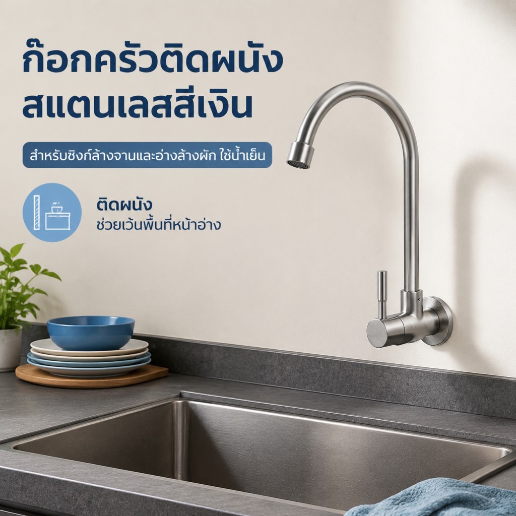 ก๊อกน้ำครัวติดผนัง วัสดุโลหะคุณภาพ ท่อโค้งคงทน ปรับหมุนได้ 360 องศา น้ำเย็น ติดตั้งง่าย สำหรับอ่างล้างจานห้องครัวบ้านและ
