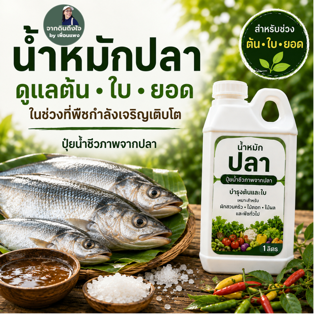 น้ำหมักปลา ปุ๋ยน้ำชีวภาพจากปลา บำรุงต้น ใบ และยอด สำหรับผัก ไม้ผล ไม้ดอก ขนาด 1 ลิตร จากดินถึงใจ