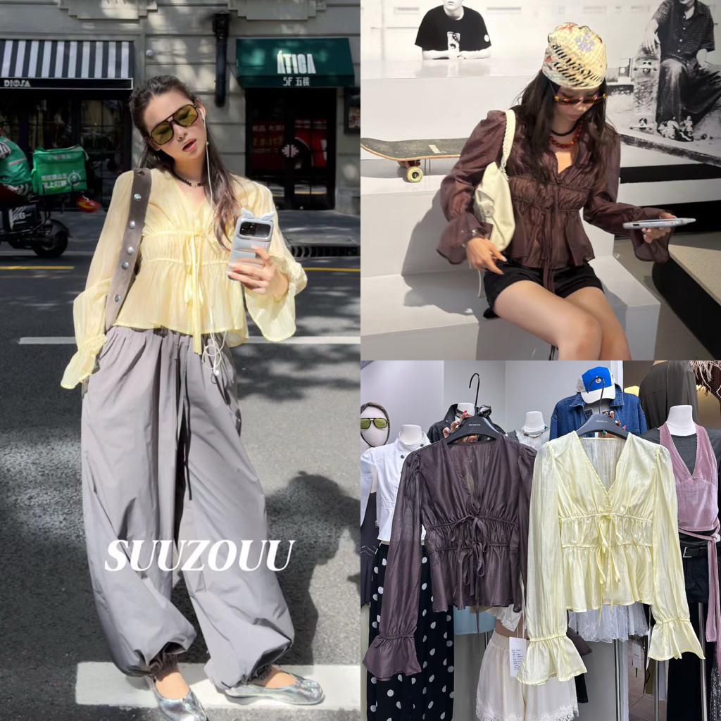 [VALEN] 26C567 MMFISH เสื้อแขนยาวคอวี แต่งระบายดูซอฟเนื้อผ้าเงา SUUZOUU