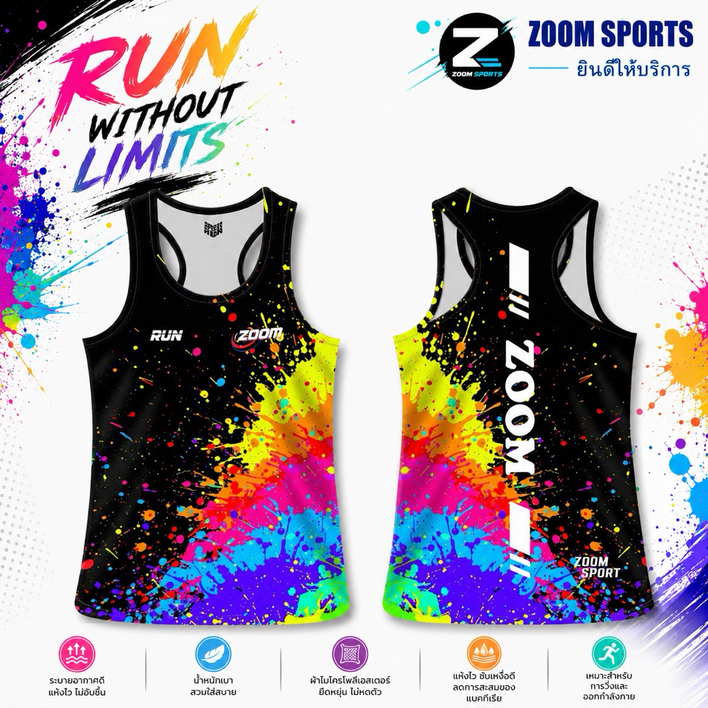 เสื้อกล้ามวิ่งมาราธอน แบนด์ ZOOM SPORTS ไล่เฉดสี เสื้อกล้ามวิ่งทรง pro elite