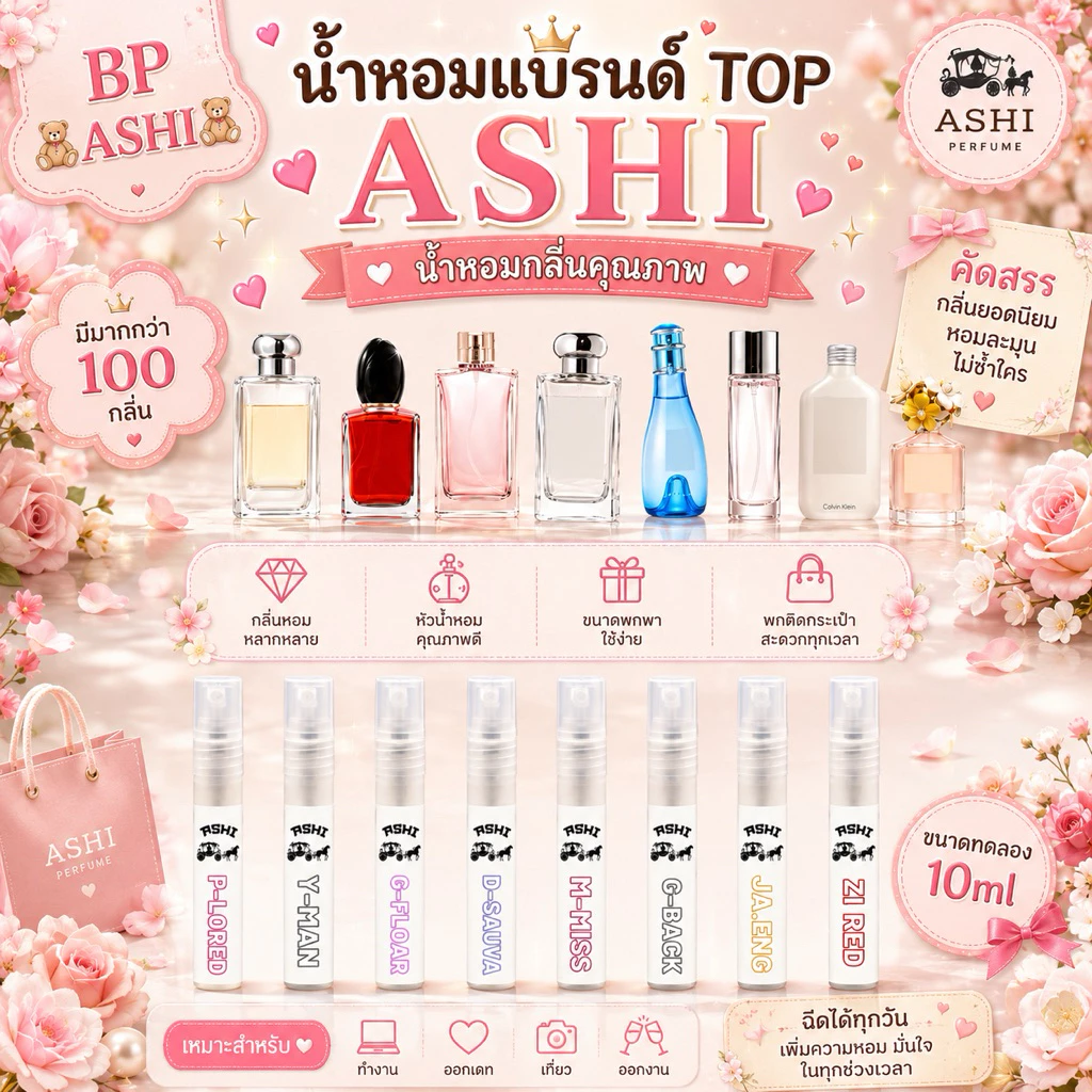 🔥ASHIรวมกลิ่นน้ำหอม🔥ขนาด10ml ติดทนนานมากขึ้น มีกลิ่นให้เลือก สินค้าพร้อมจัดส่ง