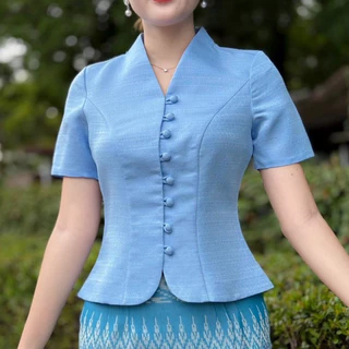 H-NA (ขายแยก)💓💓 ชุดผ้าไทยสีฟ้า เสื้อคอปีนไหมม่อนแขนสั้น กระดุมหน้า +ผ้าถุงแบบสำเร็จรูปผ้าฝ้ายทอป้ายสำเร็จรูป