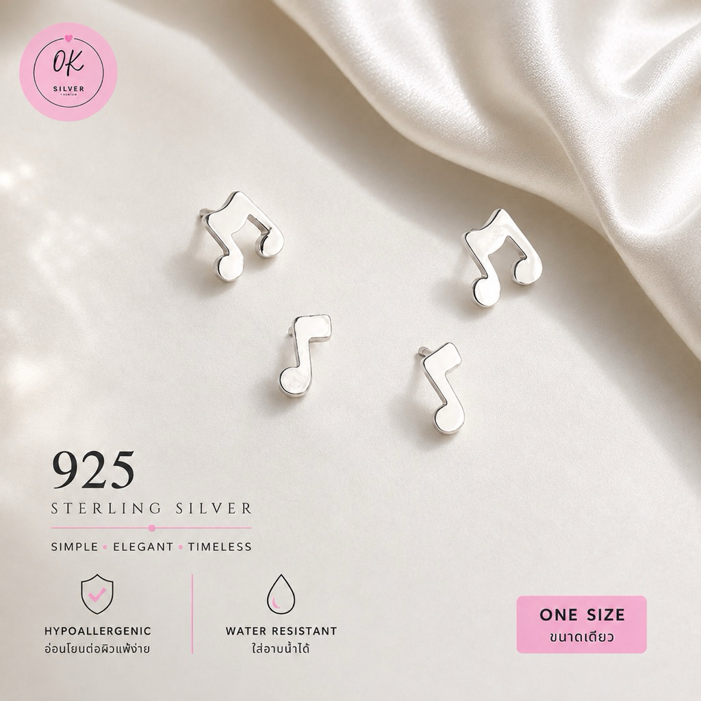 ต่างหูเงินแท้ silver925 ตัวโน๊ต มินิมิล ไม่แพ้ ไม่คัน ใส่อาบน้ำได้ (ราคาต่อคู่)
