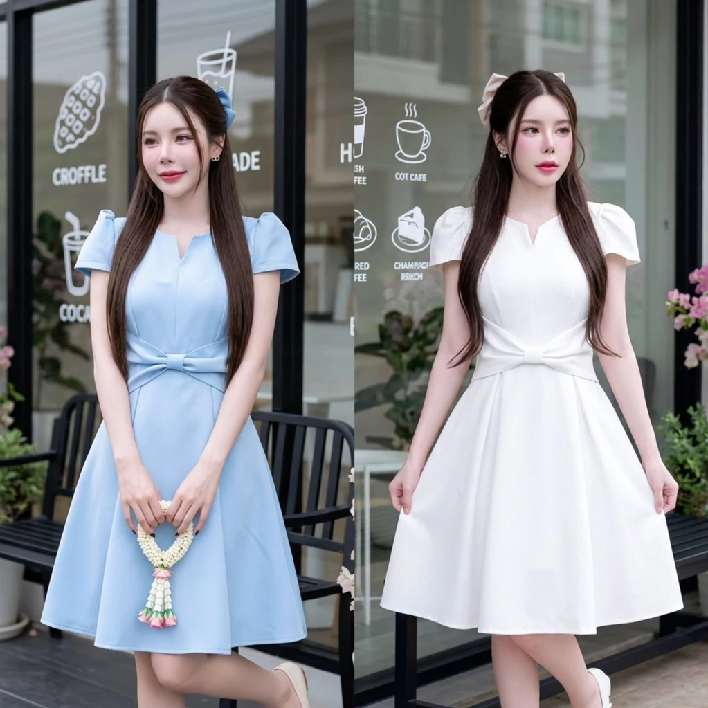 D259 เดรสคอวีแต่งโบว์ กระเป๋าล้วง มีไซส์S-3XL ใส่ทำงาน ออกงาน ไปงานแต่ง เพิ่มความมั่นใจได้เลย