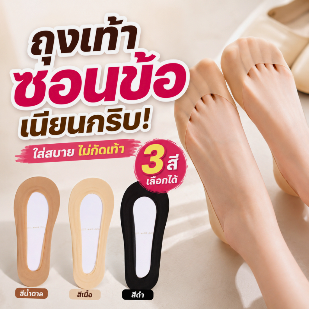 ซ่อนมิด กันหลุด 360° ถุงเท้าคัชชูผู้หญิง ซิลิโคนรอบเท้า ถุงเท้าซ่อน ถุงเท้าหน้าสั้น ถุงเท้าไม่โผล่ รุ่น