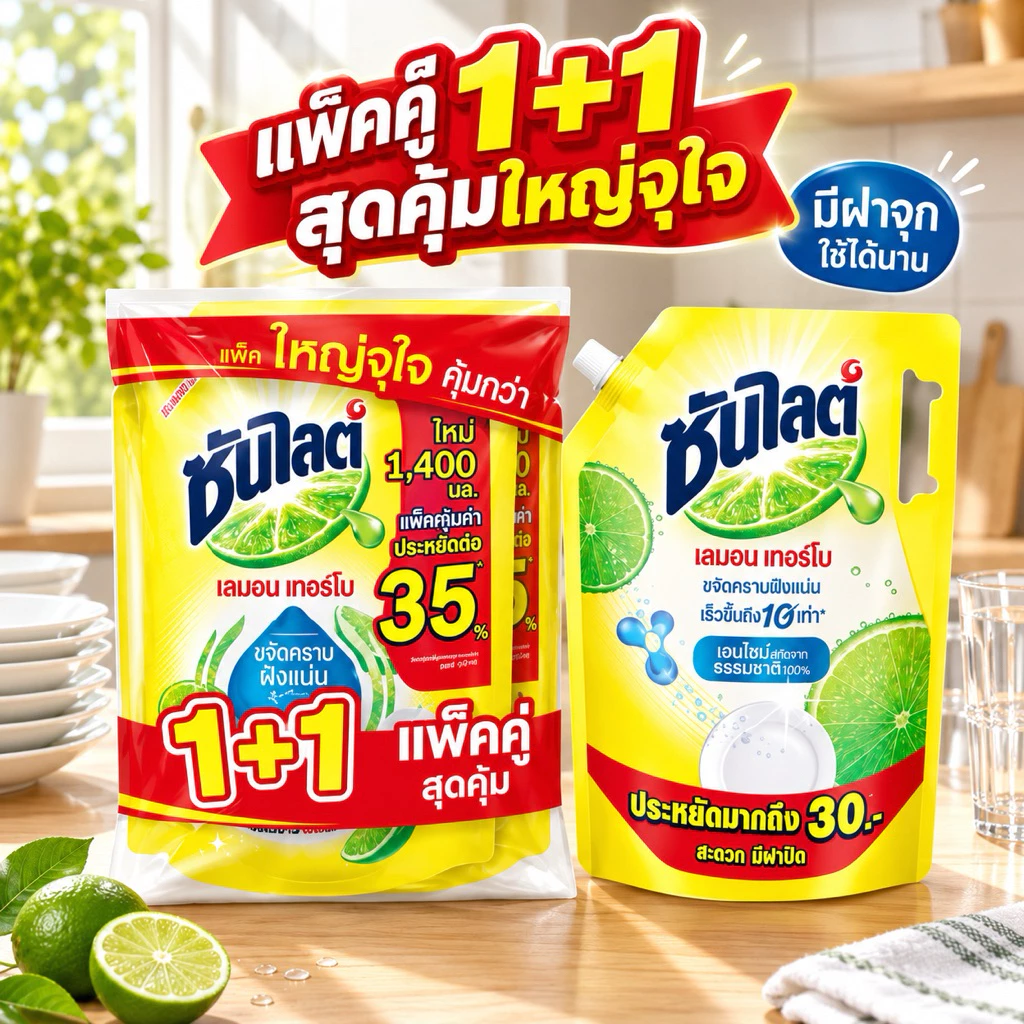[1ถุง/แพ็คคู่]ซันไลต์น้ำยาล้างจานเลมอนเทอร์โบเหลือง 1,400ml.