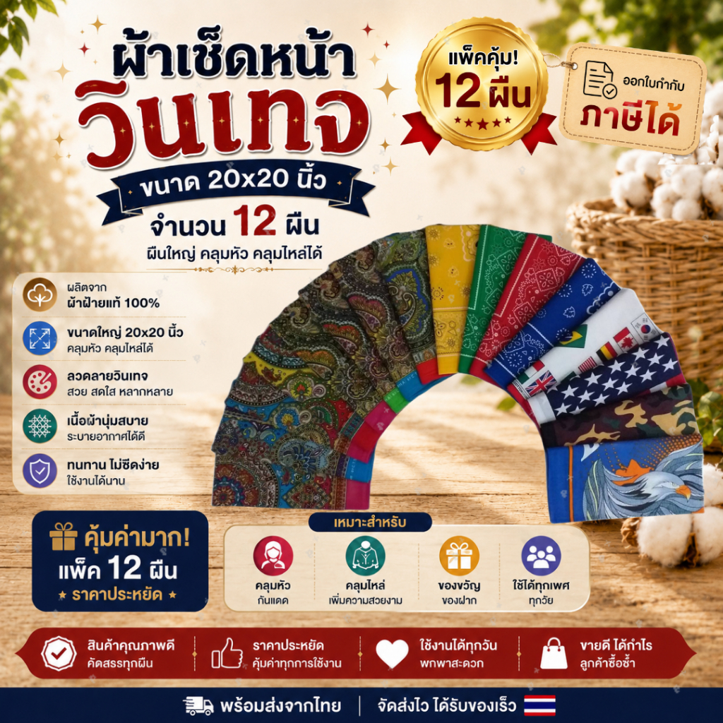 ผ้าเช็ดหน้า วินเทจ ขนาด 20x20นิ้ว จำนวน 12ผืน