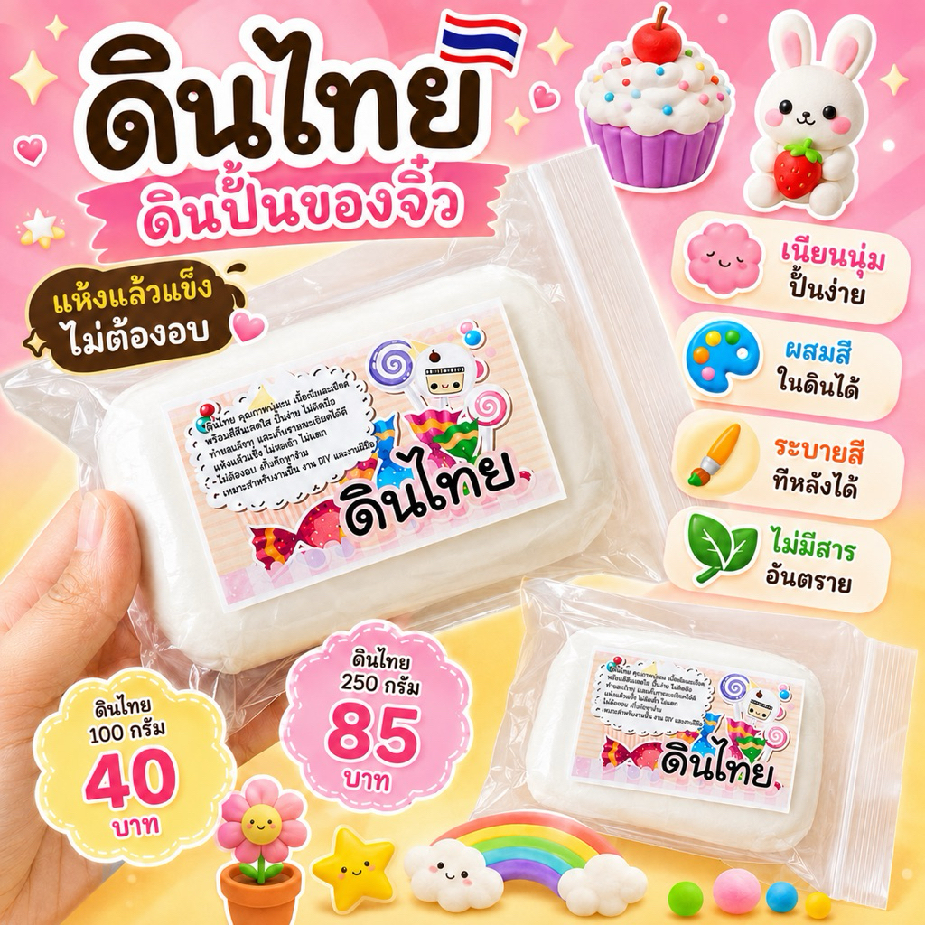 ดินไทย ดินปั้นของจิ๋ว แห้งเอง ไม่ต้องอบ ผสมสีเองได้