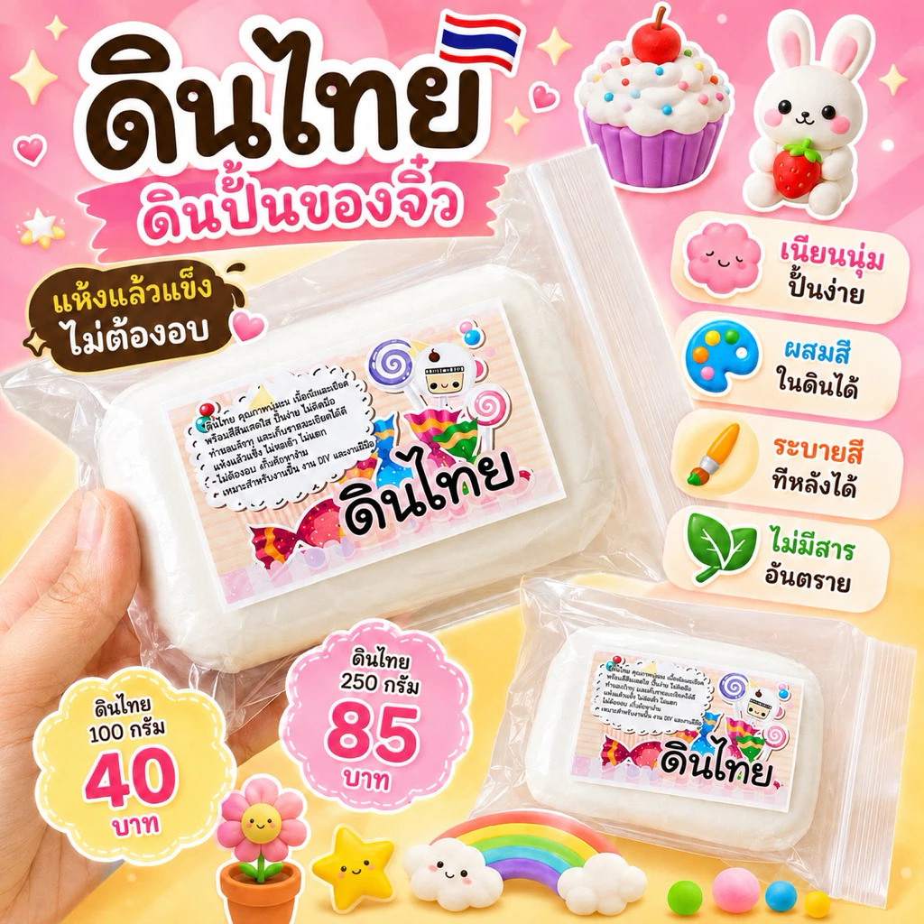ดินไทย ดินปั้นของจิ๋ว แห้งเอง ไม่ต้องอบ ผสมสีเองได้