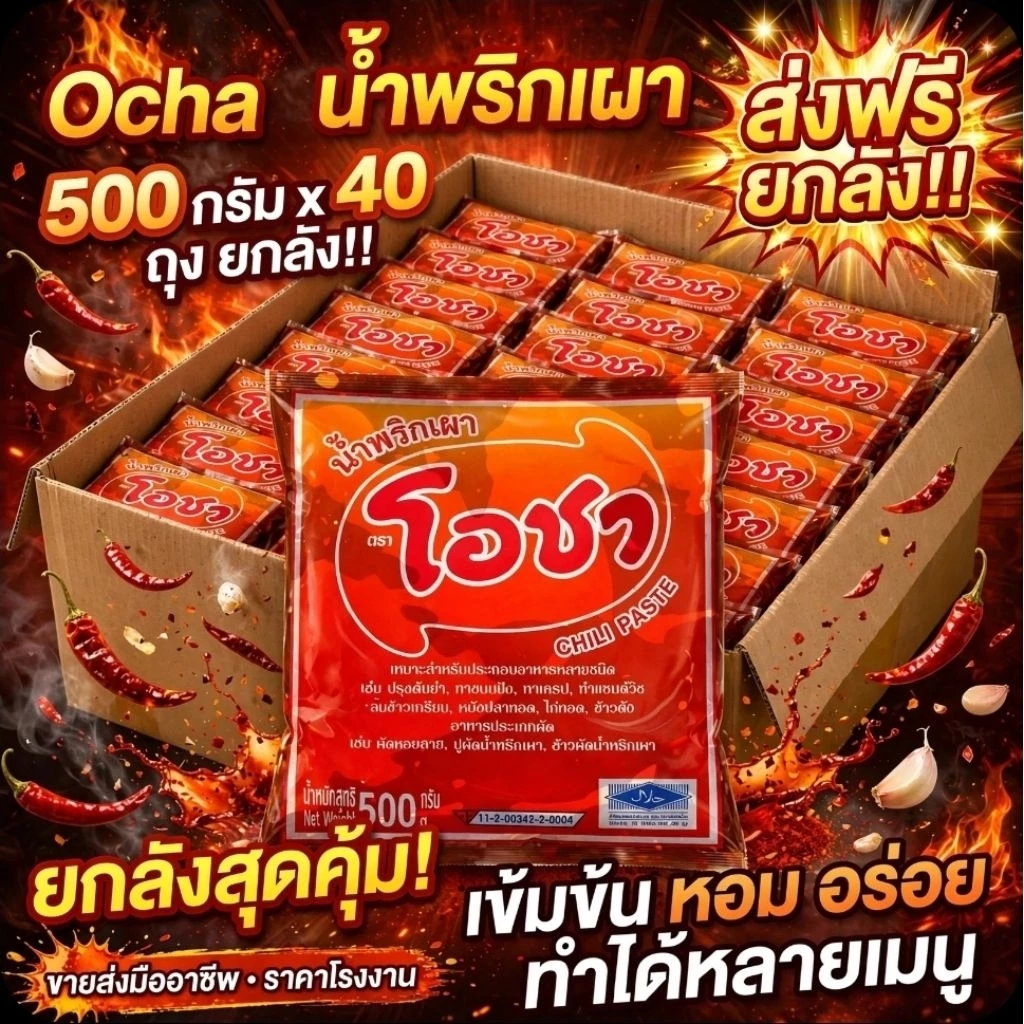 📦OCha โอชา น้ำพริกเผา ขนาด 500 กรัม.×40 ถุง.(ยกลัง).📦