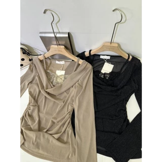 B713 | เสื้อคอเดรปแขนยาว + สายเดี่ยวลูกไม้ในตัว เสื้อทรงเข้ารูป คอเดรปทิ้งตัวเป็นชั้นๆ ช่วยให้ช่วงค