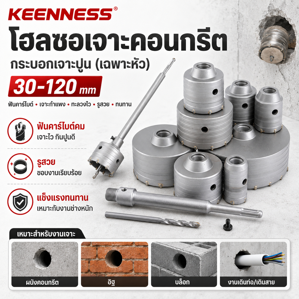 Keenness โฮลซอเจาะคอนกรีต กระบอกเจาะปูน (เฉพาะหัว) 30-120mm ฟันคาร์ไบด์ เจาะกำแพง ทะลวงไว รูสวย ทนทาน