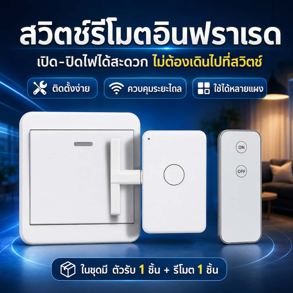 สวิตช์ไฟรีโมตไร้สาย กด ON/OFF เปิด-ปิดไฟสะดวก ไม่ต้องเดินไปกดสวิตช์ ใช้งานง่าย สำหรับบ้านและคอนโด