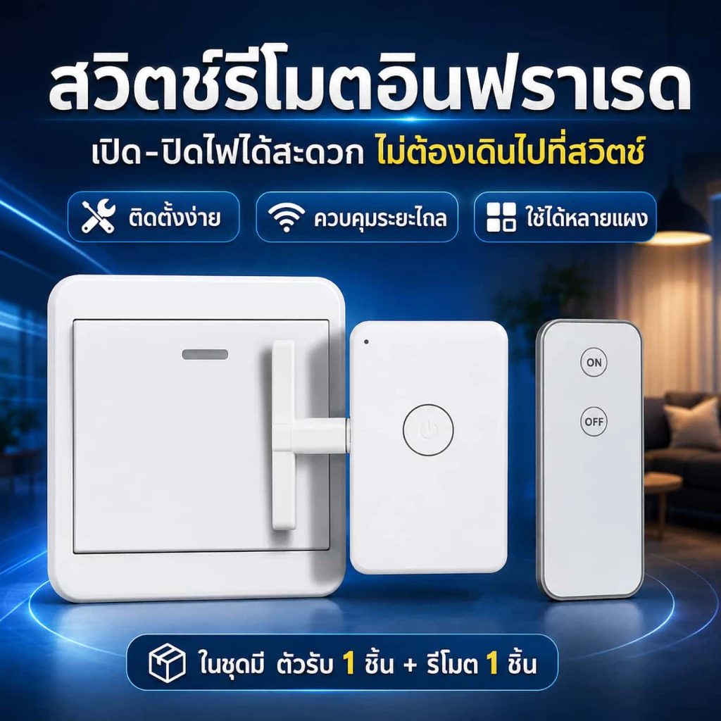 สวิตช์ไฟรีโมตไร้สาย กด ON/OFF เปิด-ปิดไฟสะดวก ไม่ต้องเดินไปกดสวิตช์ ใช้งานง่าย สำหรับบ้านและคอนโด