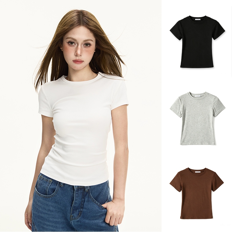 HELLDUL T0003 เสื้อยืดคอกลมผู้หญิง ทรงกระชับเข้ารูป ผ้าคอตตอนนุ่มใส่สบาย เสื้อครอปทีเชิร์ทประจำวัน มีหลายสี พร้อมส่งไทย#