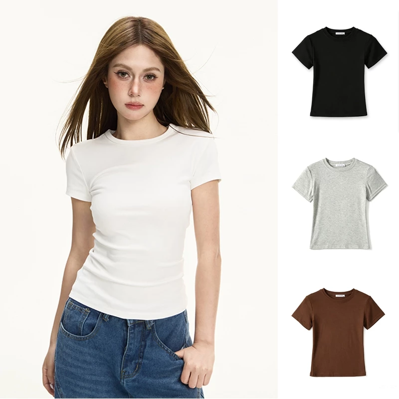 HELLDUL T0003 เสื้อยืดคอกลมผู้หญิง ทรงกระชับเข้ารูป ผ้าคอตตอนนุ่มใส่สบาย เสื้อครอปทีเชิร์ทประจำวัน มีหลายสี พร้อมส่งไทย#