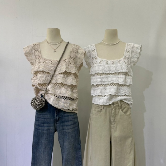 M2277 เสื้อถักลูกไม้ฉลุลายคอเหลี่ยมสายเดี่ยว ดีเทลแต่งระบายชั้นๆ สไตล์โบฮีเมียนนิดๆ ลูกคุณหน่อยๆ งานถักสวยมากกกก