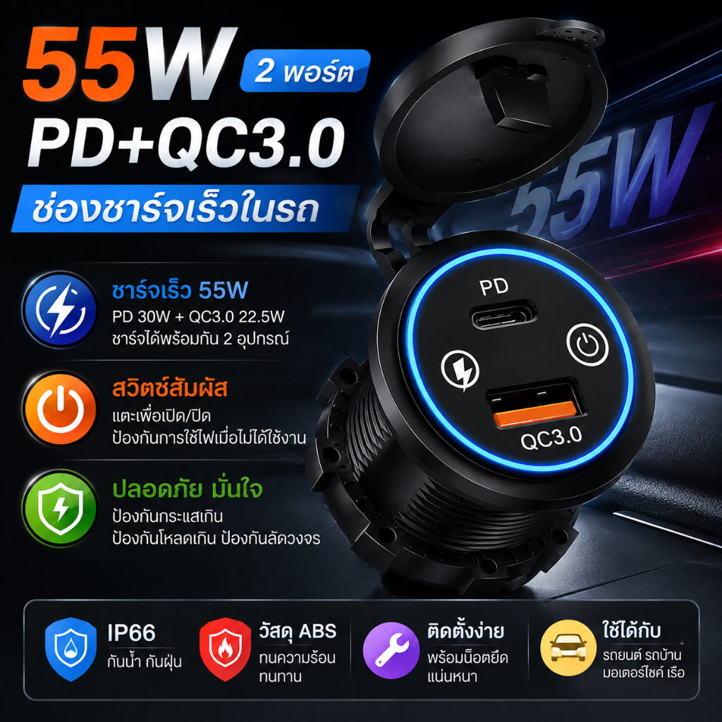 55W Max ชาร์จโทรศัพท์ซ็อกเก็ต QC3.0 Fast Charging  12V-24V 45W  Dual USB + Type C Outlet 2 พอร์ตอะแด