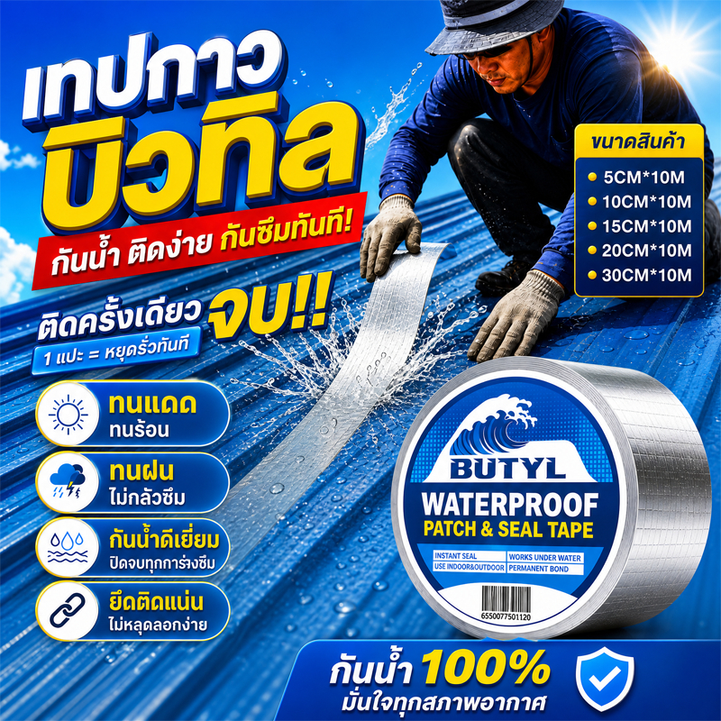 แผ่นกันซึม เทปกาวกันน้ำ เทปกันน้ำรั่วซึม แผ่นปิดรอยต่อกันรั่วซึมหลังคา แผ่นปิดรอยต่อหลังคา