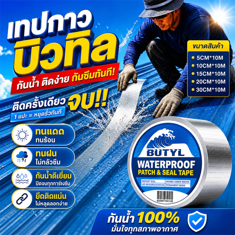 เทปกันน้ำ เทปกาวกันน้ํารั่วซึม เทปบิวทิล กันน้ำรั่วซึม ปิดรอยแตก หลังคา ท่อน้ำ อเนกประสงค์