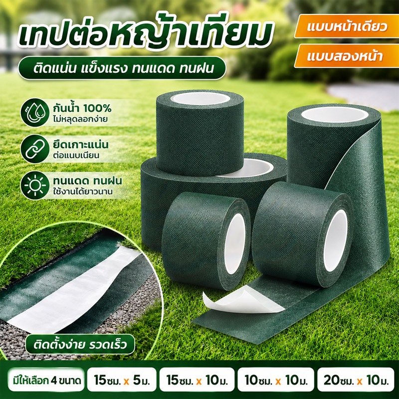 ส่งไทย เทปกาวติดหญ้าเทียม กาวด้านเดียว เทปกาวกันน้ำ ใช้ได้พื้นปูน พื้นซีเมนต์ กระเบื้อง ติดหญ้าเทียม 15ซม*10ม