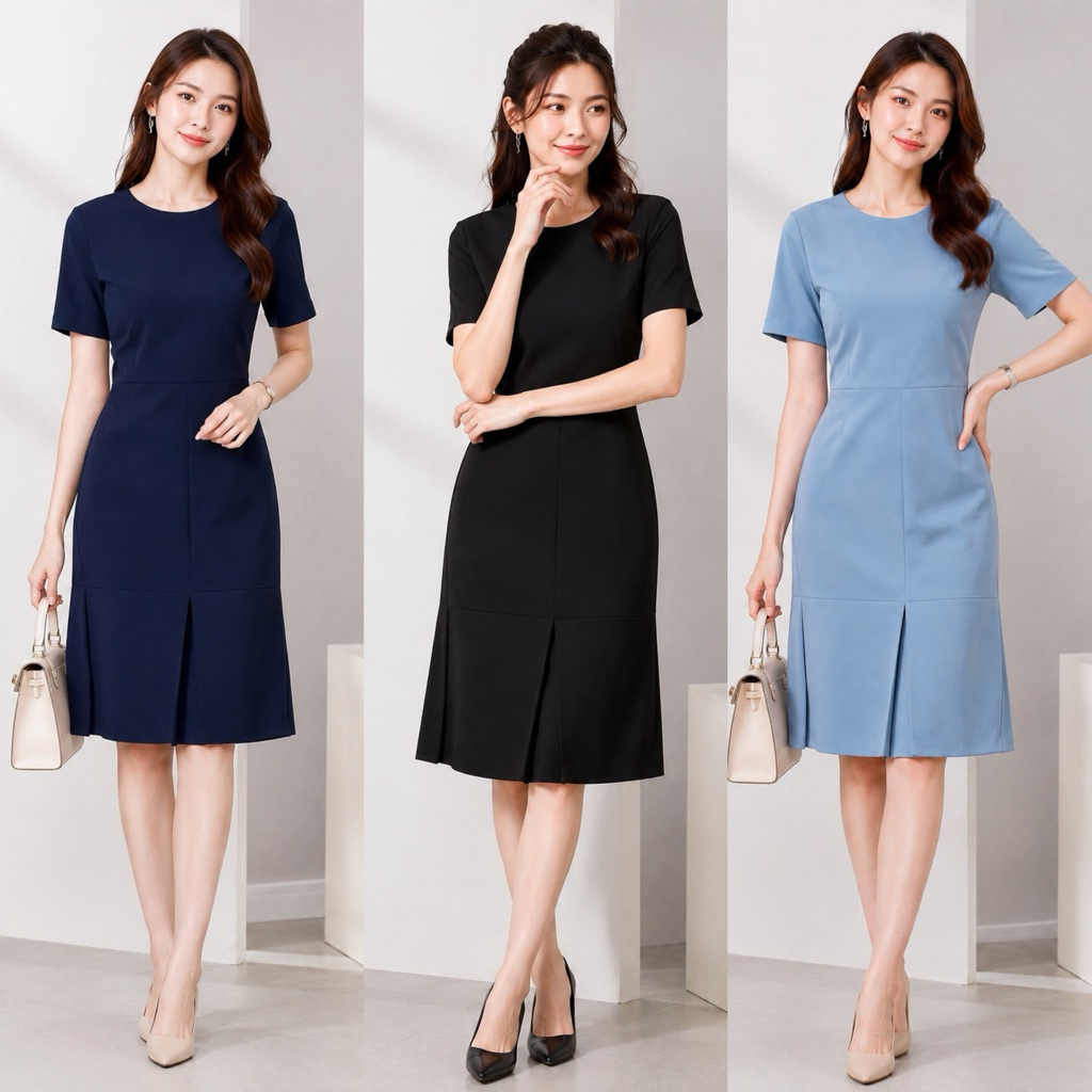 KE Dress เดรสแขนสั้น ดีเทลกระโปรงทบจีบ ทรงสุภาพใส่สวย