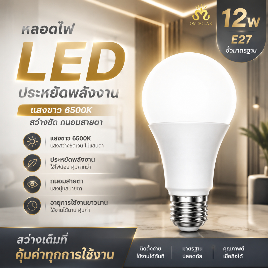 หลอดไฟ 12W LED E27 สว่างชัดทั่วห้อง เหมาะบ้าน ห้องครัว ห้องทำงาน ประหยัดพลังงาน แสงขาว