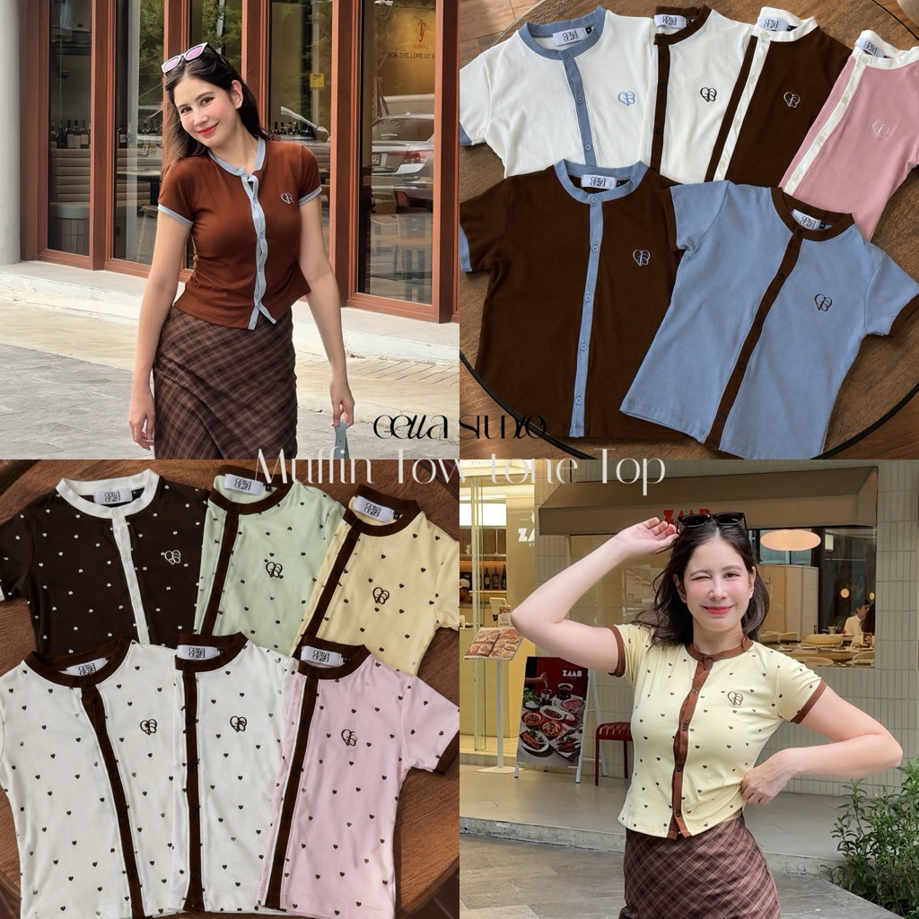 Muffin Two tone top(GELLA STUDIO)-เสื้อยืดคอกลมกระดุมทูโทน
