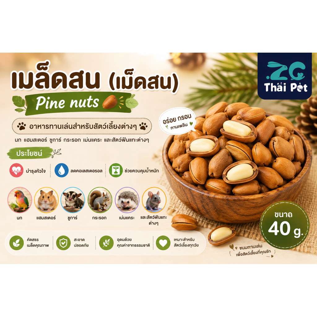 [ZC] เมล็ดสน(เม็ดสน) Pine Nuts 🌰 อาหารลับฟันสำหรับนกและสัตว์ฟันแทะ ขนาด 40 g.
