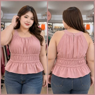 2S-2122-เสื้อกล้ามสายเดี่ยว ผ้าคัตตอลลินินอัดยับ แต่งย่น สม็อคเอว พรางหุ่น เสื้อสาวอวบ อก38-54นิ้ว