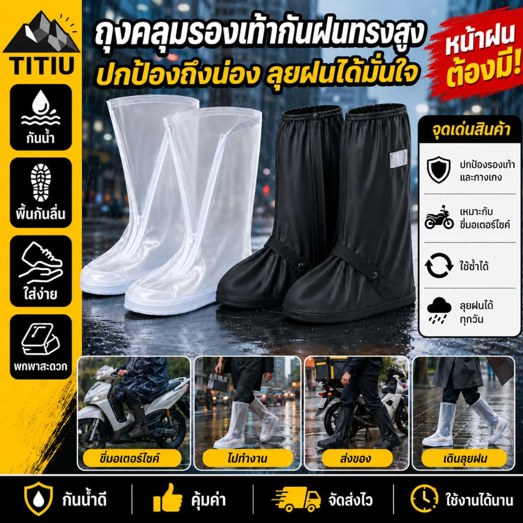 ถุงคลุมรองเท้ากันฝนทรงสูง กันน้ำ พื้นกันลื่น ซิปหน้า สวมทับรองเท้าได้ ใช้ซ้ำได้ สำหรับขี่มอเตอร์ไซค์ เดินทาง และวันฝนตก