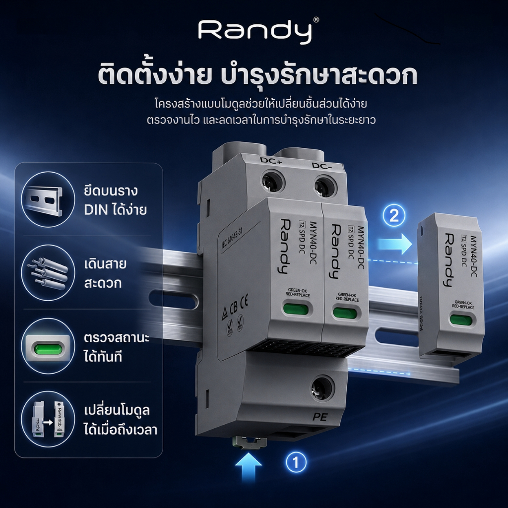 RANDY SPD DC กันฟ้าผ่าโซล่าเซลล์ 800V 1000V 40kA ป้องกันไฟกระชาก IEC61643-31 สำหรับช่างและผู้รับเหมา