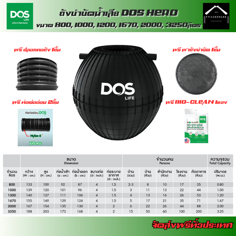 DOS ถังบำบัดน้ำเสีย DOS HERO ขนาด 600, 800, 1000, 1200, 1670, 2000, 3250ลิตร แถมฟรี! ข้อต่อFlex ปลอก
