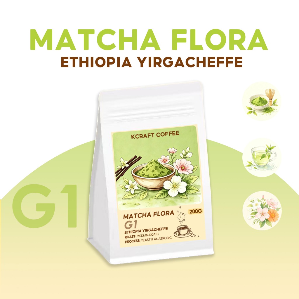 [คั่วใหม่] เมล็ดกาแฟ Ethiopia Yirgacheffe G1 - Matcha Flora (Specialty Coffee) คั่วกลาง 200g by Kcraft Coffee