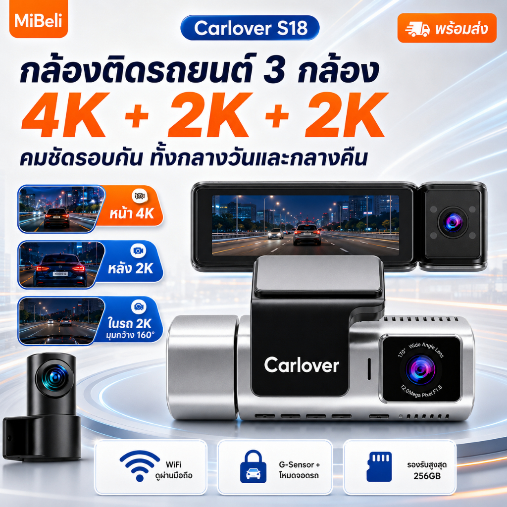carlover S18 กล้องติดรถยนต์ 3 เลนส์