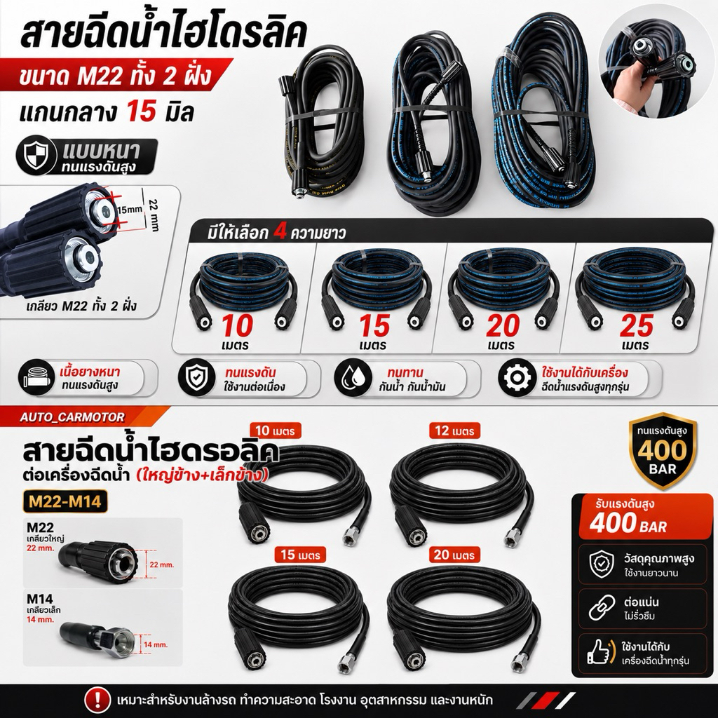 สายฉีดน้ำ สายฉีดน้ำแรงดันสูง สำหรับเครื่องฉีดน้ำ มีขนาด M22 ทั้งสองฝั่ง และ M22-M14