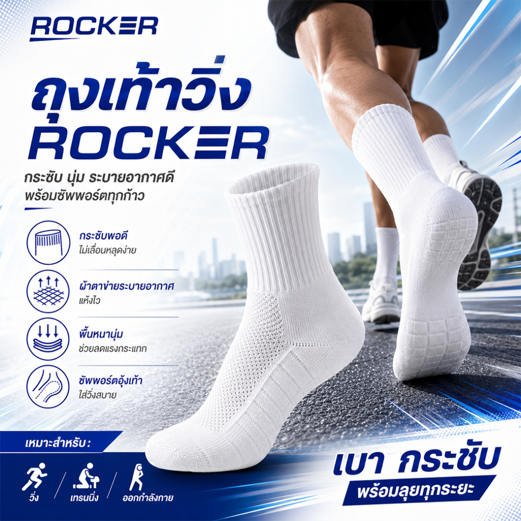 ????ROCKER SCOKS???? ถุงเท้า วิ่ง ข้อยาว พรีเมียม ซัพพอร์ตเท้า นุ่มกระชับ ลดกลิ่นอับ ลดกลิ่นเท้า ระบายอากาศดี