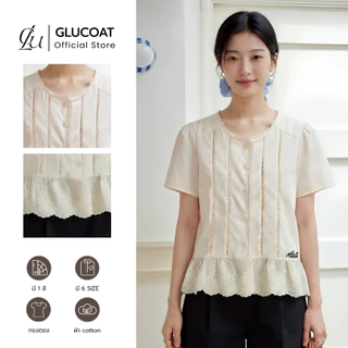 Glucoat | [A887] เสื้อแขนสั้นสีครีม แต่งเทปฉลุ ชายระบายปัก glucoat กระดุมหน้าใช้งานได้จริง
