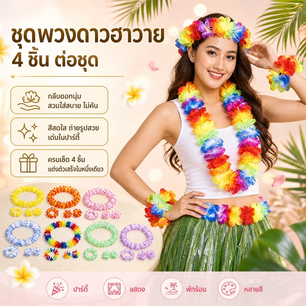 LEMO-T สร้อยคอดอกไม้ประดิษฐ์จากฮาวาย4ชิ้น/เซ็ตพวงมาลัยที่คาดผมสำหรับงานแต่งงานวันเกิดชายหาดปาร์ตี้เขตร้อน