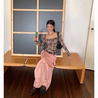 micki✨เสื้อยาวลายตารางคอสี่ สายรัดหน้า เอวรัด ผ้าตาข่าย ยืดหยุ่น ทรงสวยผอม