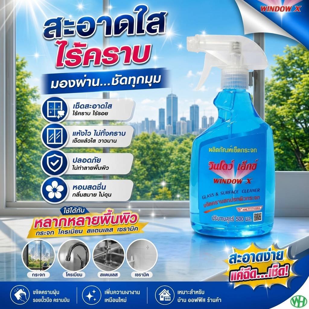 น้ำยาเช็ดกระจก 500 มล. ไร้สารแอมโมเนีย 1 ขวด Window X (WIN) น้ำยาเช็ดกระจกบ้าน น้ำยาเช็ดกระจกรถยนต์